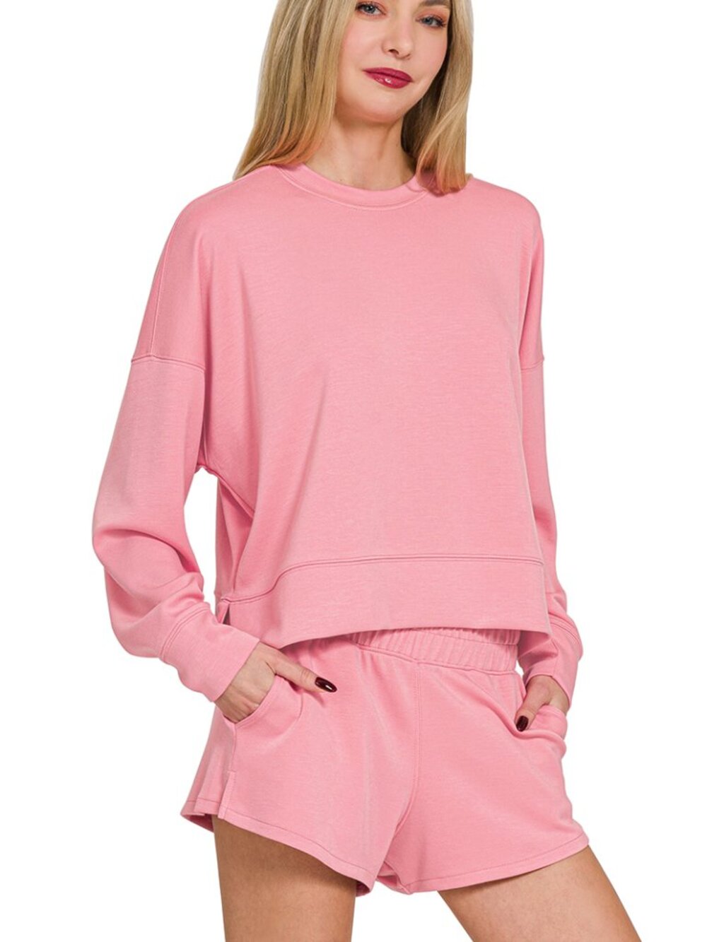 Scuba Long Sleeve Sweatshirts & Shorts Set in Dark Pink